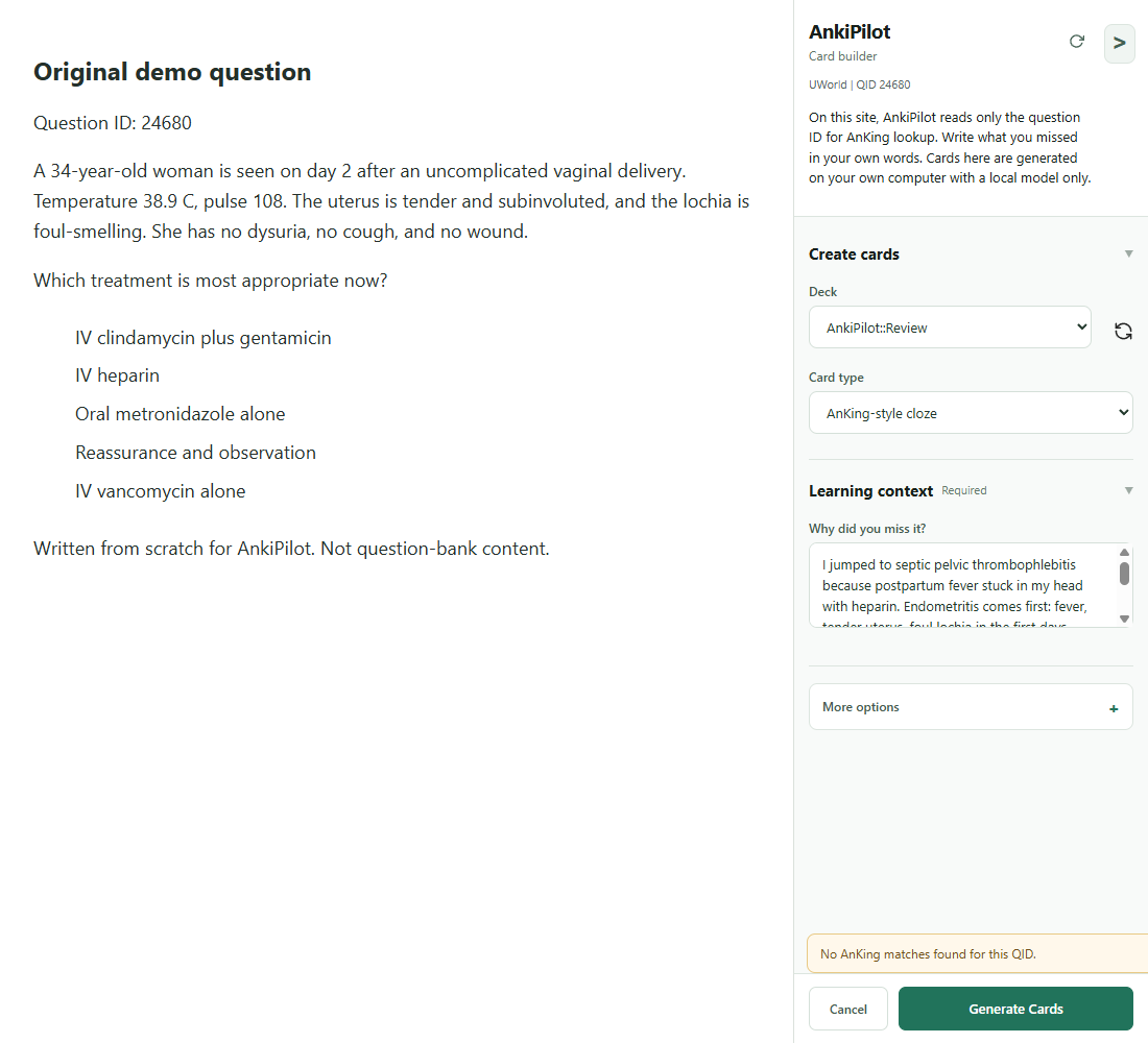 AnkiPilot QID-only panel with a required personal note beside the original postpartum endometritis demo